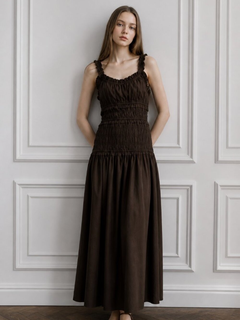 NWT Caroline Constas Brown Smocked Cotton Midi Dress Ruffle Straps S